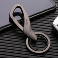 Zinc alloy double ring keychain in black, chrome, or nickel finish, measuring 8.3 by 3.5 cm.