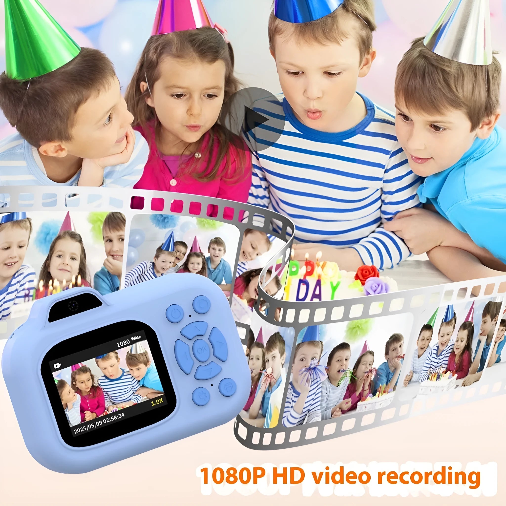 Children's digital camera in pink, blue or purple with video recording and games functions