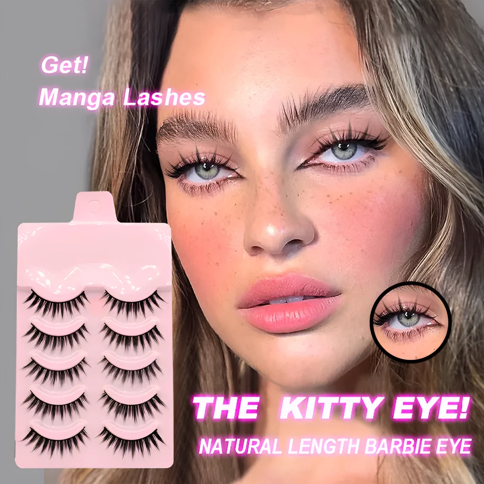 5 pairs of natural wispy manga false eyelashes on a black background, showing styles 007, 008, and 009 with plastic black terrier.