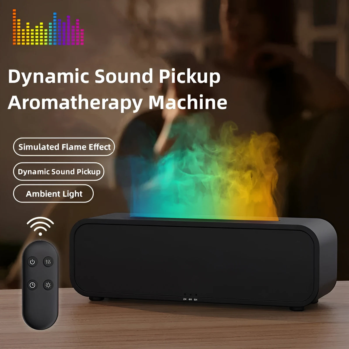 Black aromatherapy diffuser with colour-changing lights and remote control on table