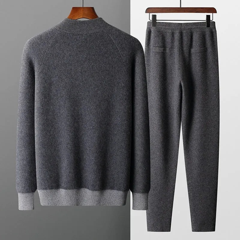 Men's camel coloured cashmere wool blend half turtleneck zipper cardigan and matching trousers winter sports suit