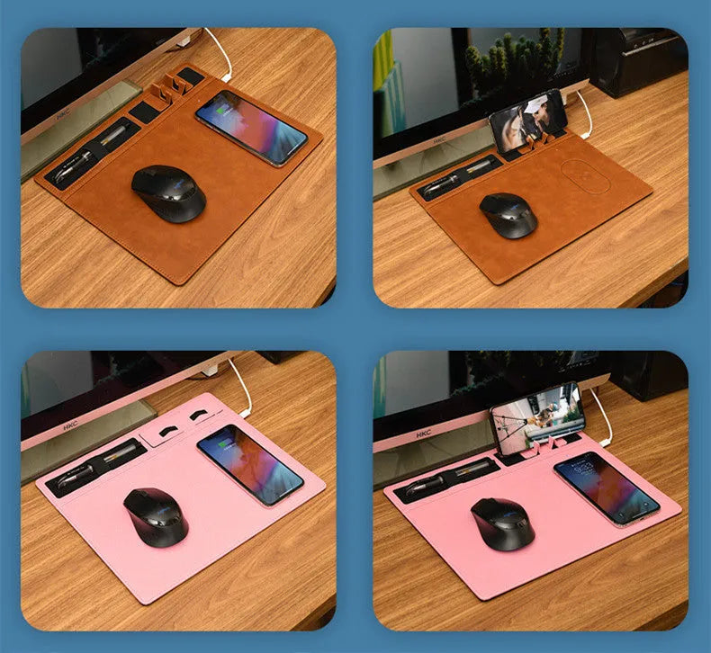 Wireless charging mouse pad with phone holder in multiple colours showing 320x260mm dimensions