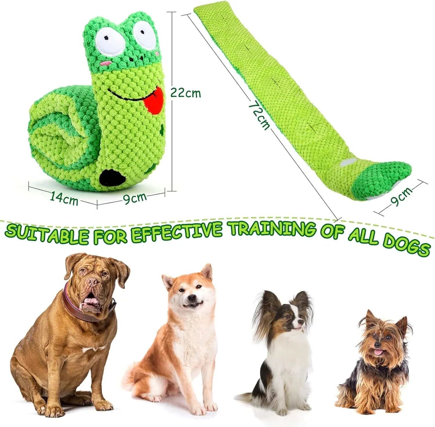 Squeak dog puzzle toy in frog snail or snake design with foraging holes and transformable shape