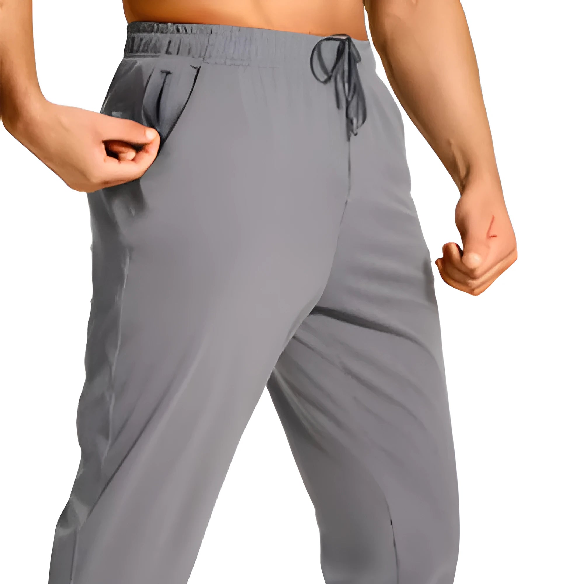 Man wearing solid colour loose-fit casual polyester trousers for leisure activities.