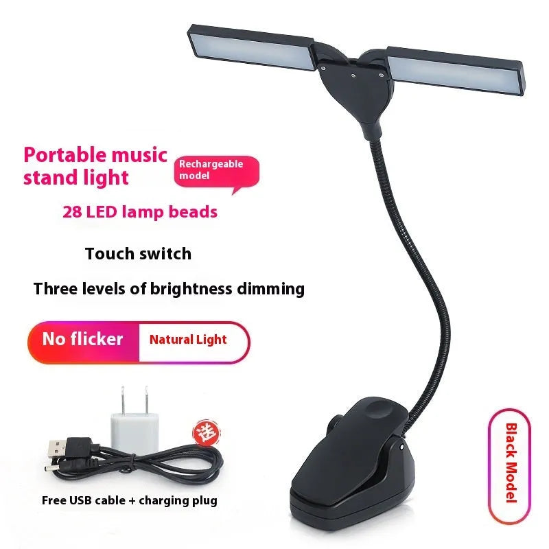 Music stand lamp with 28 LED lights, USB cable and batteries for sheet music illumination during instrument practice
