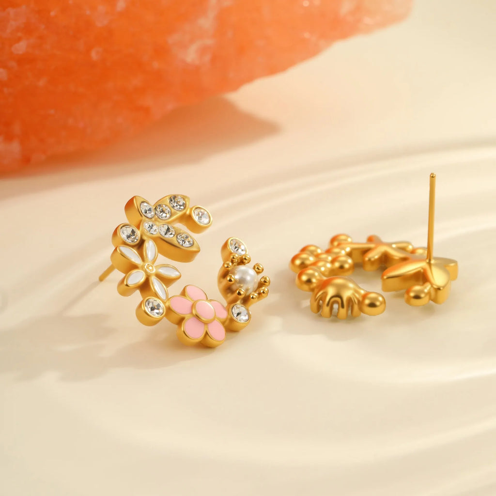 Women's stainless steel flower stud earrings with 18K gold plating and colourful diamond electroplating