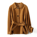 Women's loose fit mid-length cashmere coat with Peter Pan collar in caramel mocha colour