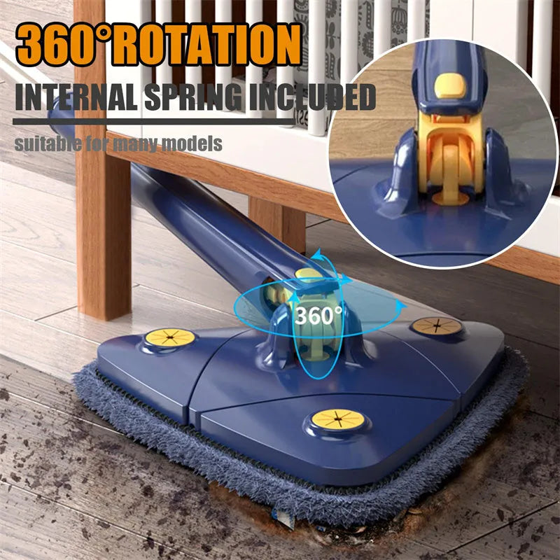 Blue extendable triangle cleaning mop with rotating head and long stainless steel pole on a tiled floor.