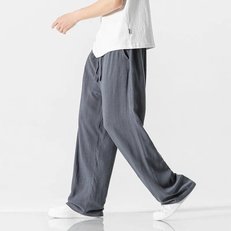 Men's bamboo fibre summer trousers in cropped straight-leg style with drawstring waistband