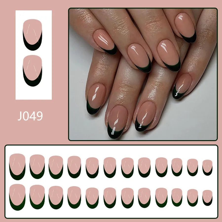Black French style false nails in almond shape with short length, 24-piece set