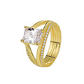 Gold square zircon geometric ring on finger showing electroplated copper construction