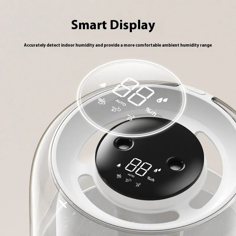 Beige circular USB humidifier with dual spray nozzles and humidity display