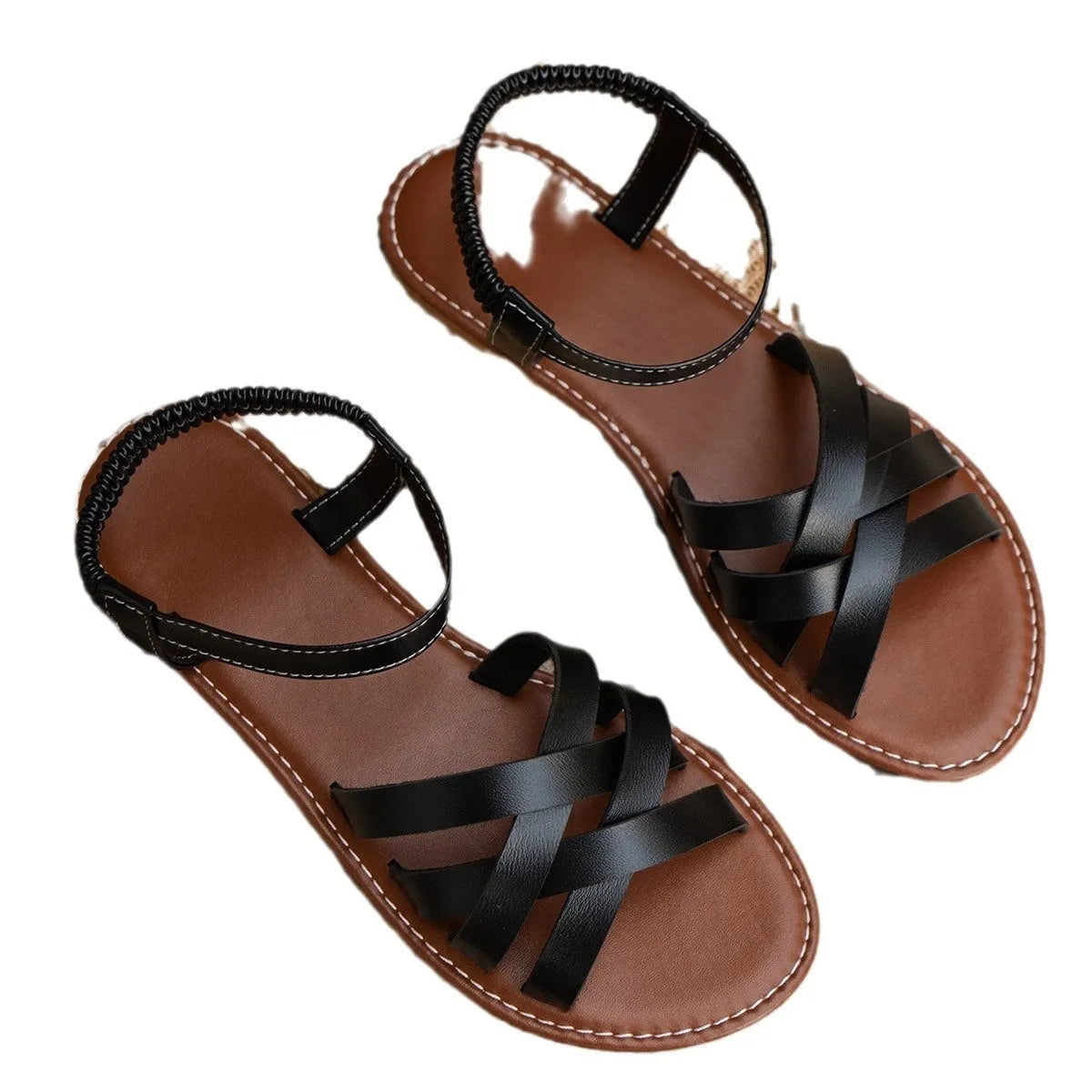 Women's flat sandals with elastic band, PU upper, rubber sole, round toe, floral detail, five colours, sizes 36-43