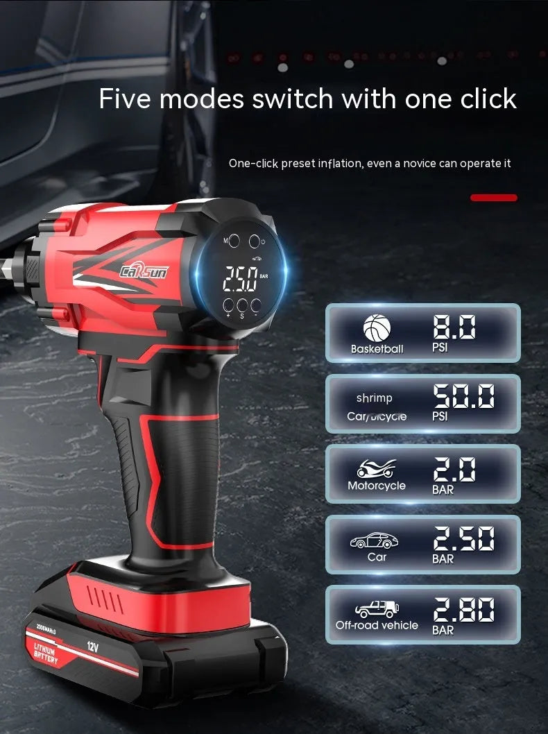 Red and black portable car air pump with digital display, power cable, and multiple nozzle attachments