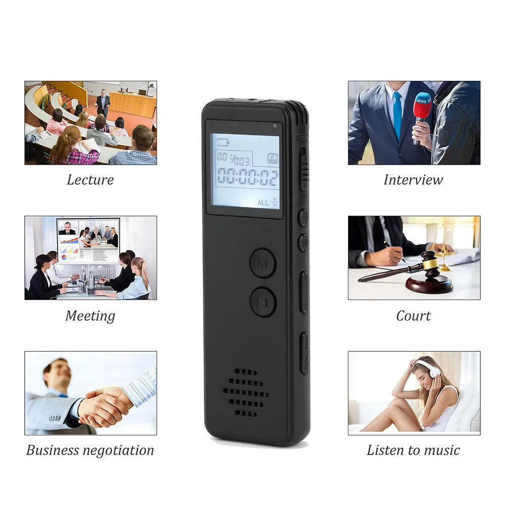 Black matte finish MP3 digital voice recorder with screen, shown next to included earphones and USB cable.