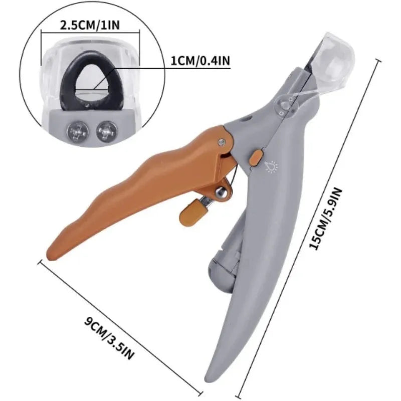 Yellow pet nail clipper with LED light, magnifying glass, and safety guard for dog and cat grooming.
