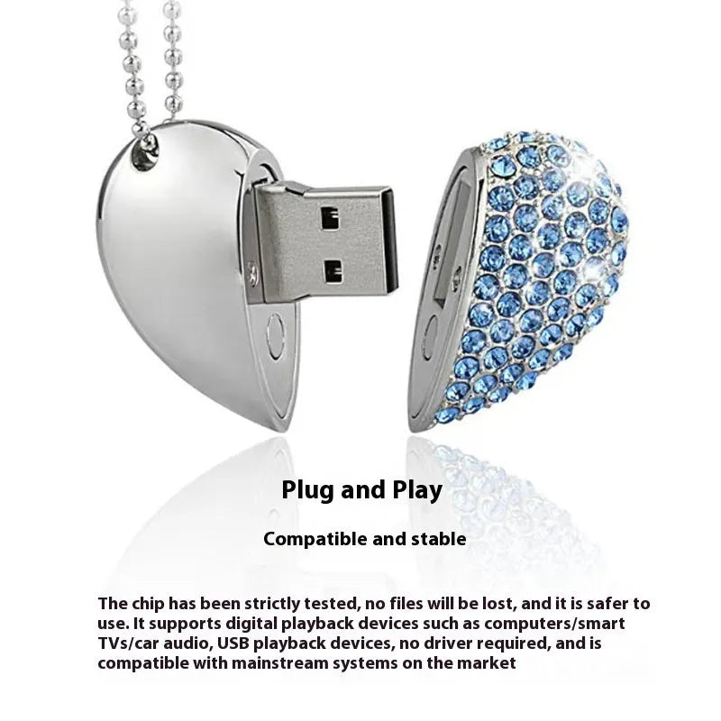 Heart-shaped USB flash drive with a brick-inlaid pattern on a metal shell.