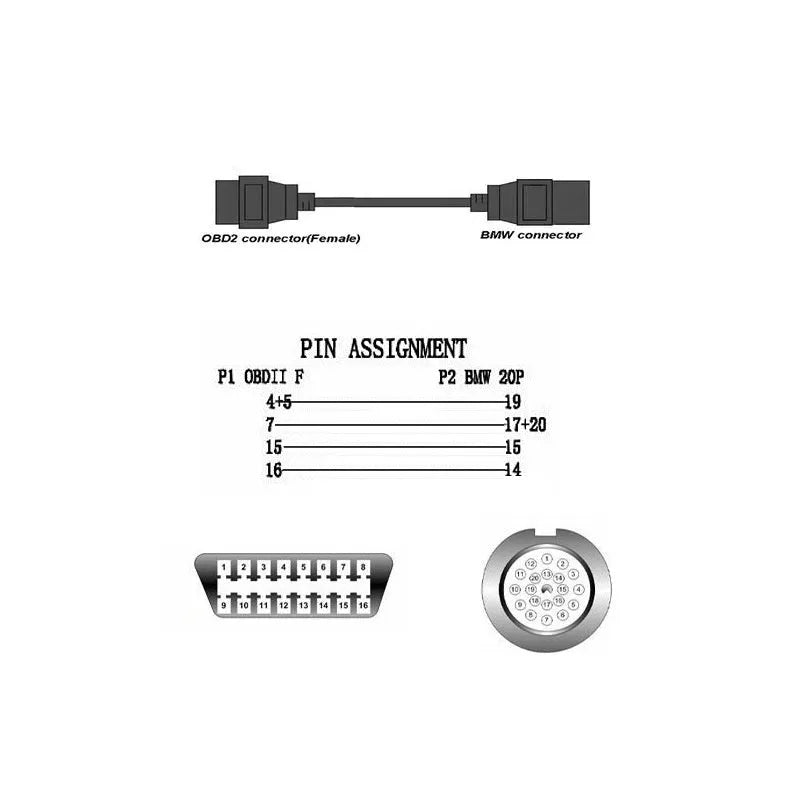 BMW OBD2 diagnostic adapter cable converting 20-pin male to 16-pin female connector