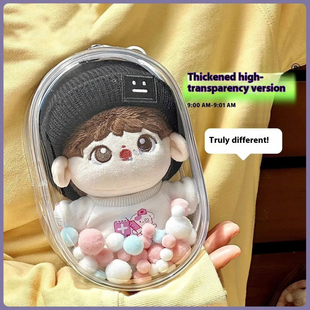 17cm transparent PVC storage bag with colourful ball keychain for doll collectibles