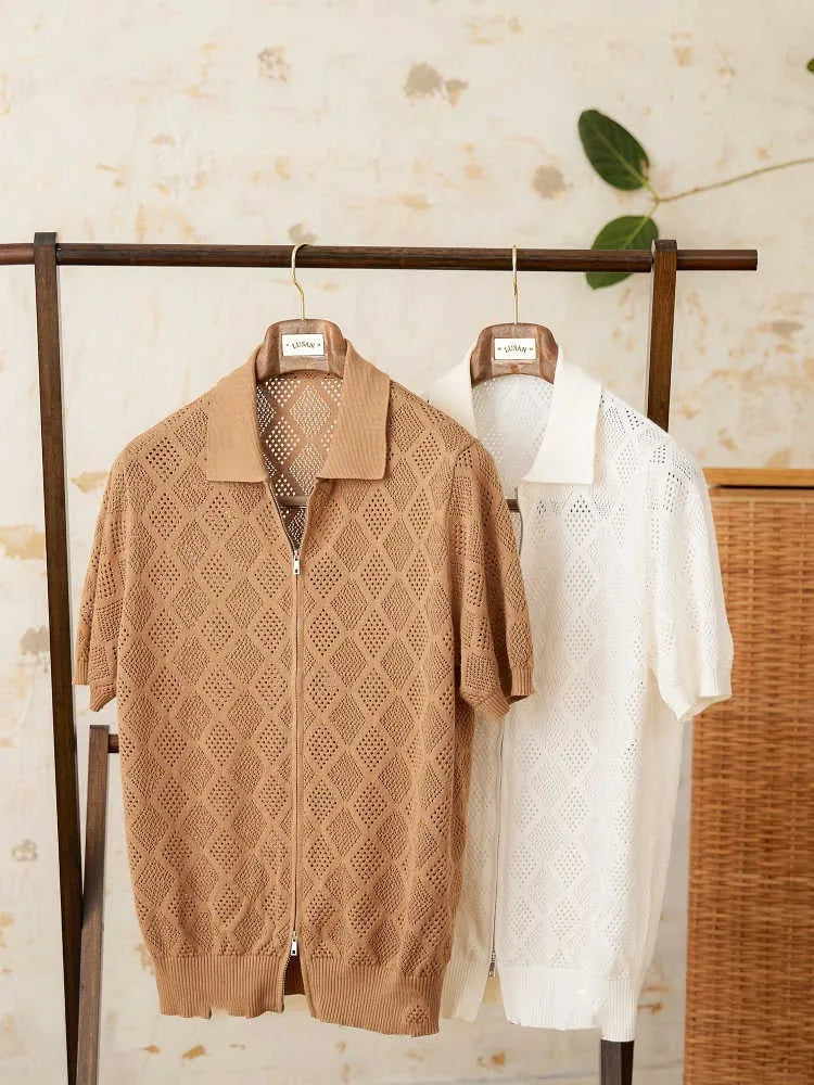 Cotton short sleeve cardigan with zipper front and lapel collar in light brown colour