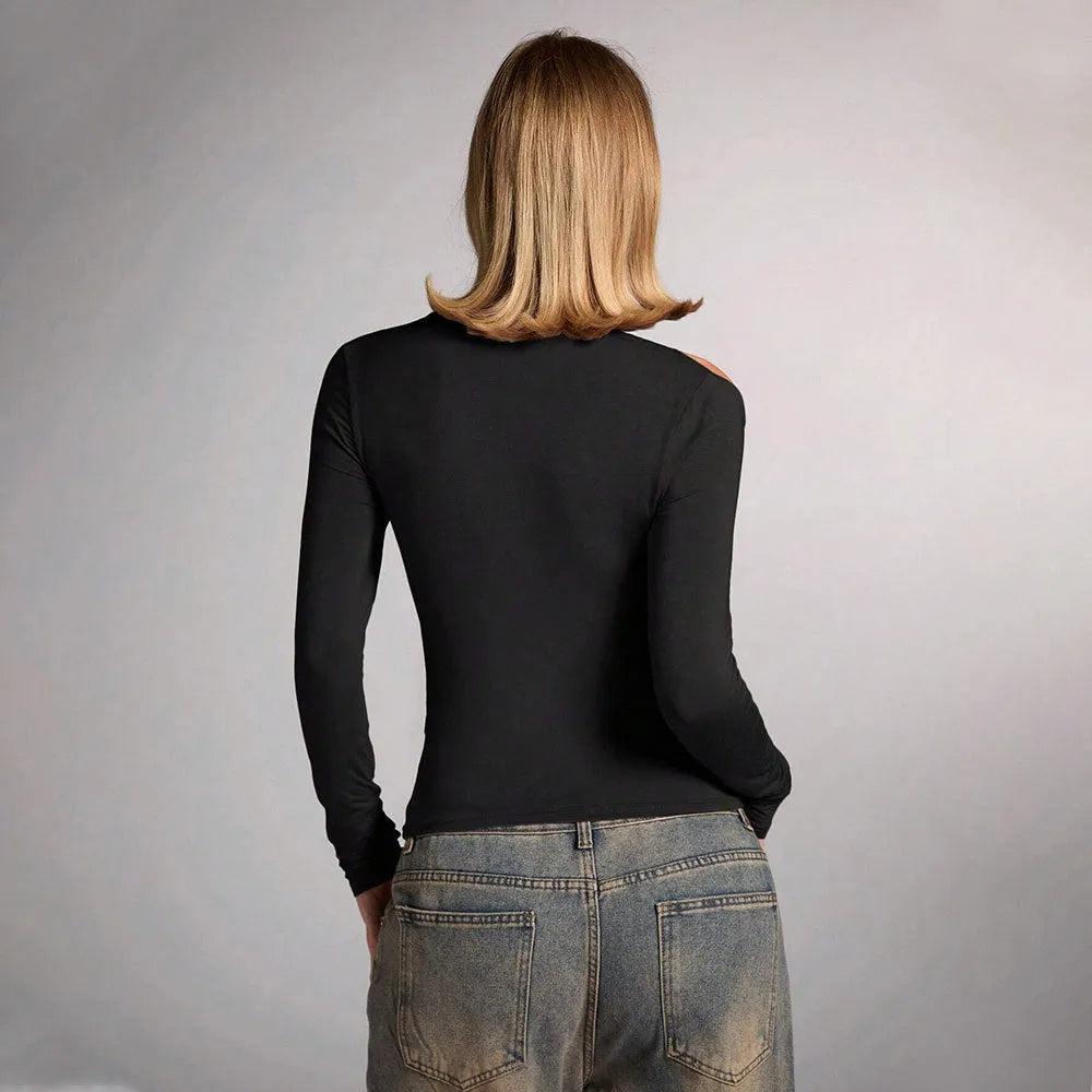 Black women's halter neck top with long sleeves and slim fit