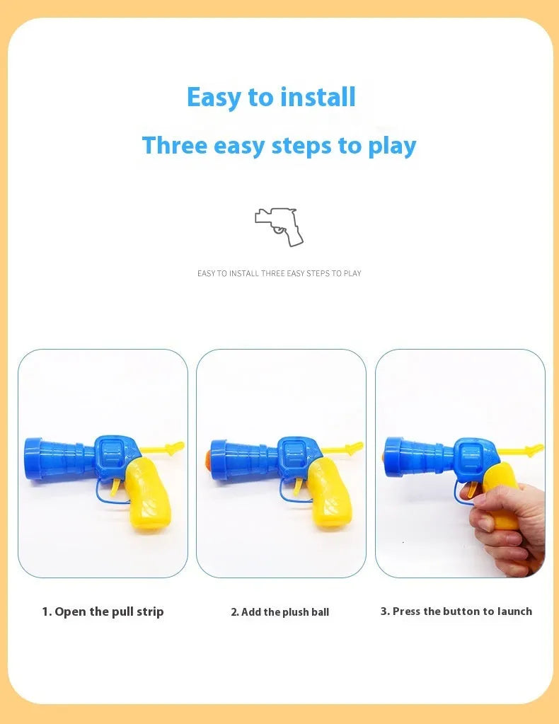 Interactive dog toy launcher gun with soft plush yarn balls for fetch games.