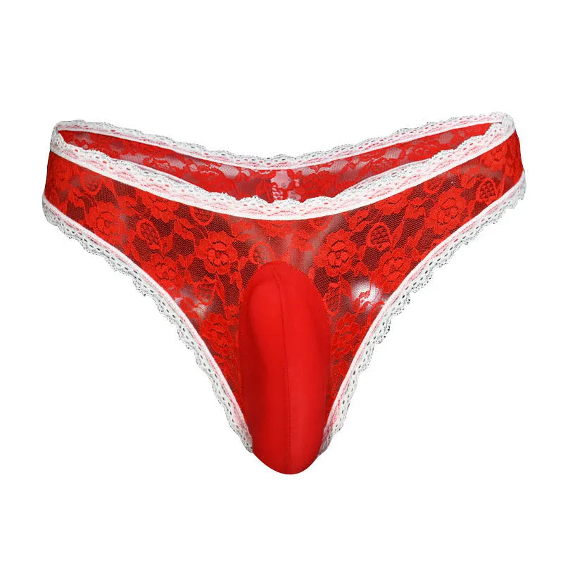 Men's lace briefs with vertical bag egg design in low-waist triangle cut