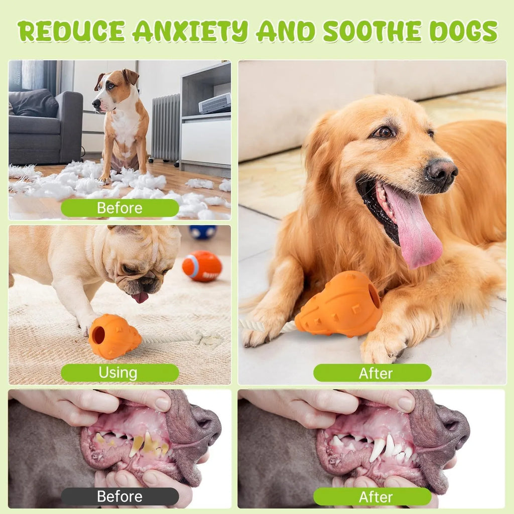 Natural rubber dog toy with longer strap, hollow treat-dispensing centre, for small medium breed dogs.