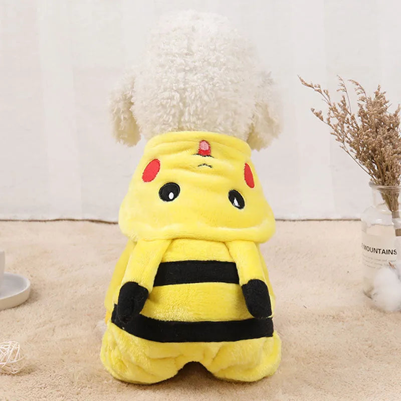 Fleece cat coat with hood, shown on a cat, available in multiple sizes for autumn and winter wear.