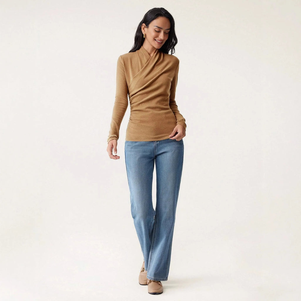 Camel coloured slim fit women's pullover sweater with long sleeves on hanger