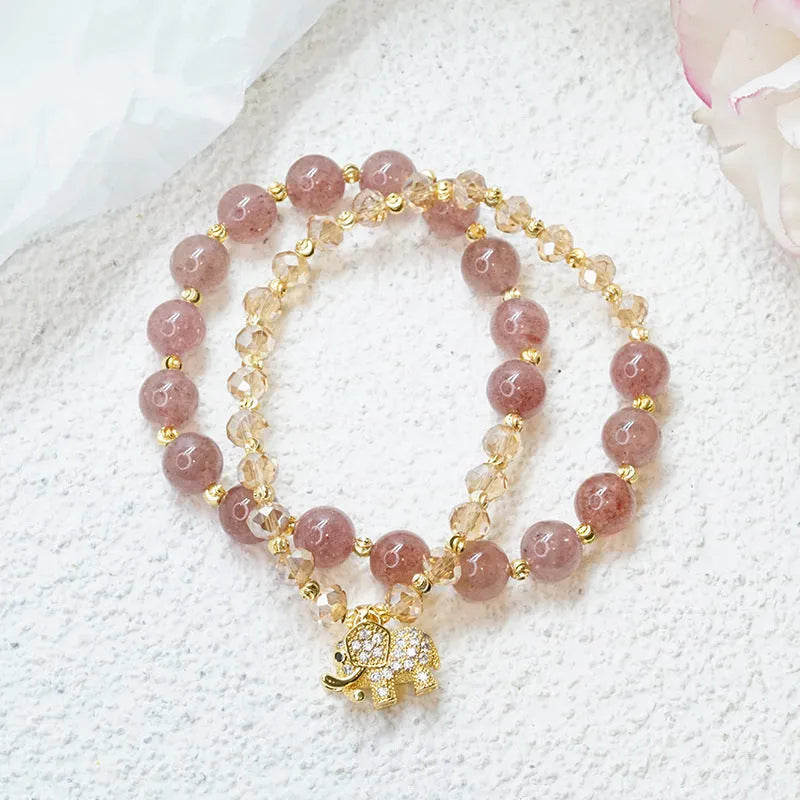 Retro multicolour bracelet for women made with colour hair crystal and strawberry quartz beads.