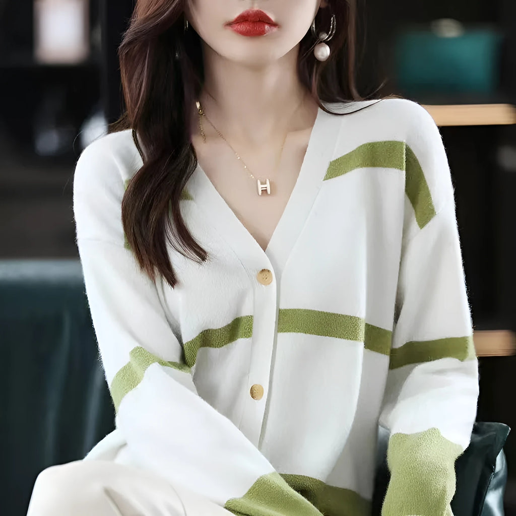 Women's 3D striped knitted cardigan in V-neck design showing black white colour option