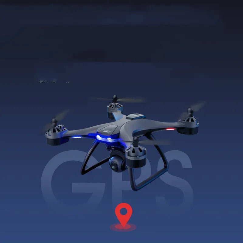 Plastic quadrocopter drone with four rotors, remote controller, spare blades, and protection covers displayed alongside USB cable