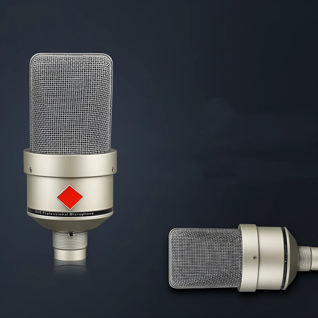 Champagne gold wired condenser microphone with cardioid pattern on included stand.
