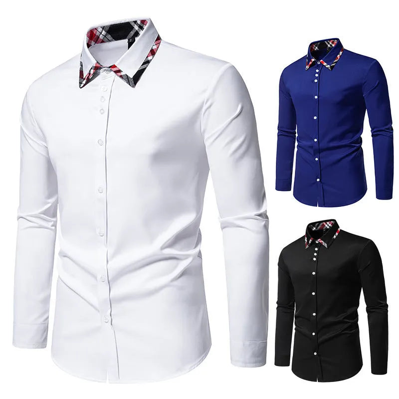 Men's plaid long sleeve shirt with contrast colour triangle collar in chemical fibre blend fabric