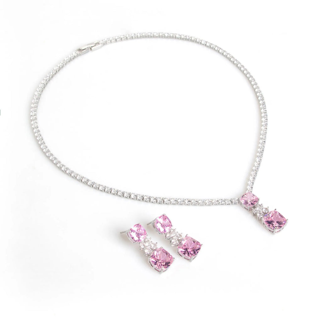 Square zircon pendant necklace and matching earrings with claw chain in copper and mixed gem inlay, five colours