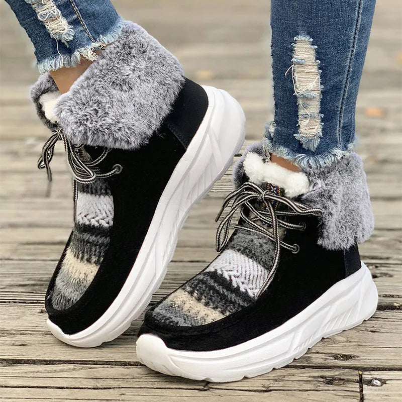 Women's beige lace-up snow boots with plush lining and non-slip rubber sole