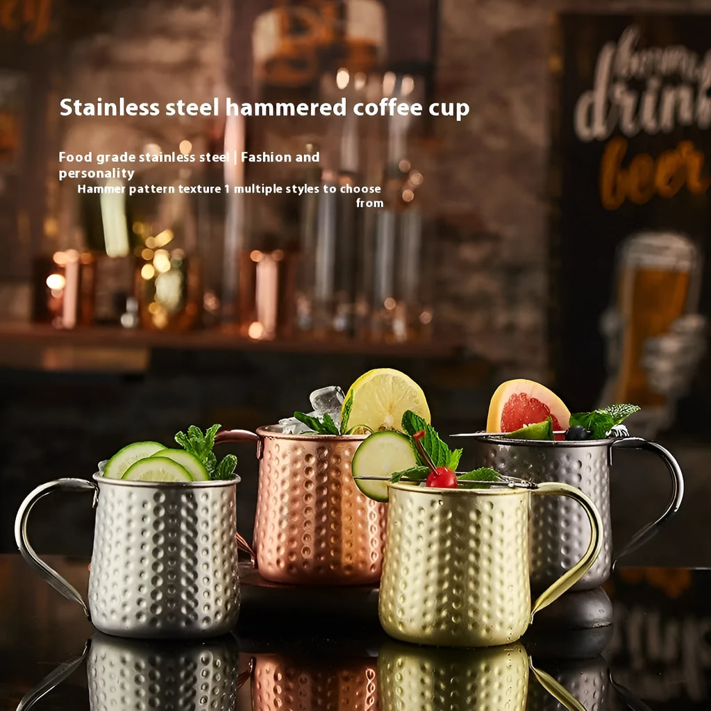 Stainless steel Moscow mule cup with copper plating in silver, gold, rose gold, or black colour.