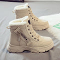 Women's plus size knee-high snow boots with lace-up front in black, khaki, or white with contrasting lining.