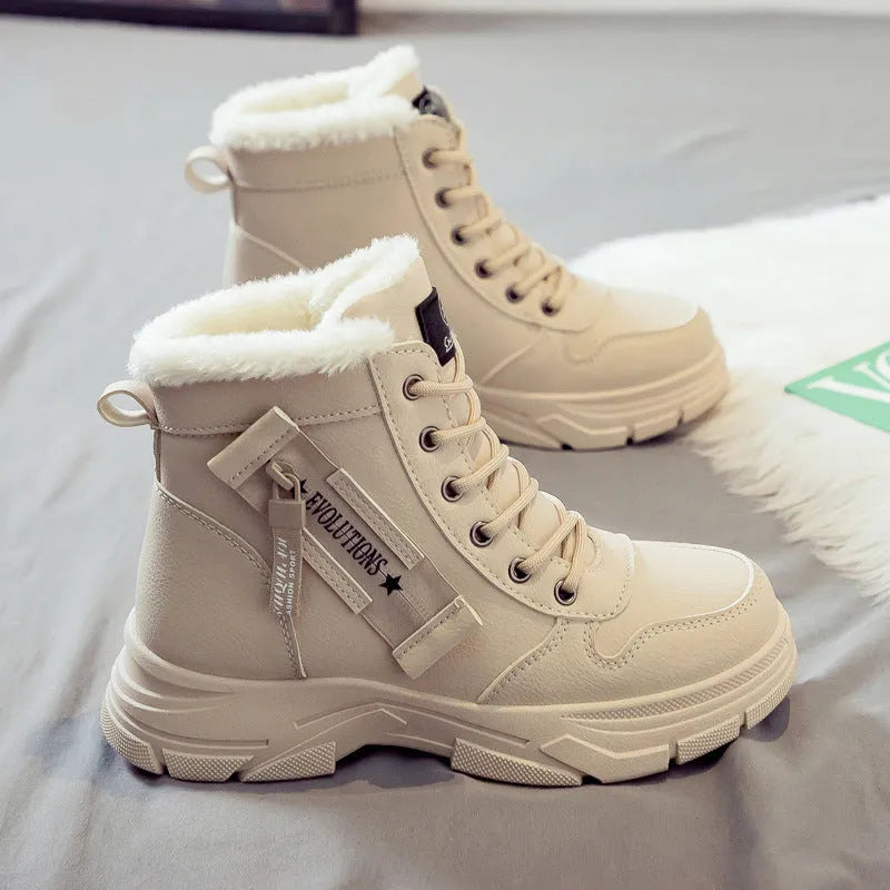 Women's plus size knee-high snow boots with lace-up front in black, khaki, or white with contrasting lining.