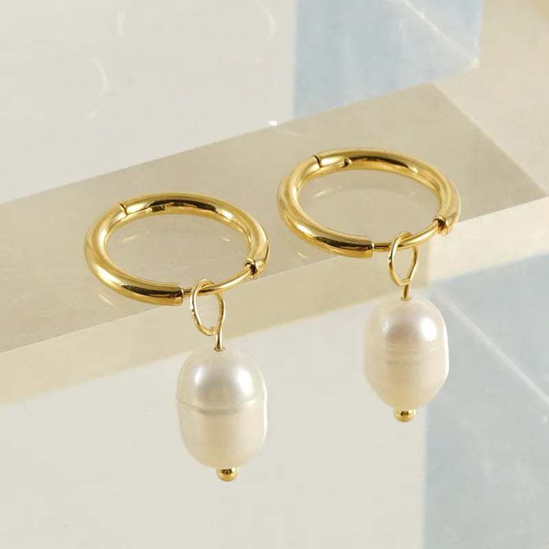Gold geometric women's earrings with synthetic pearl centre and titanium steel electroplated finish