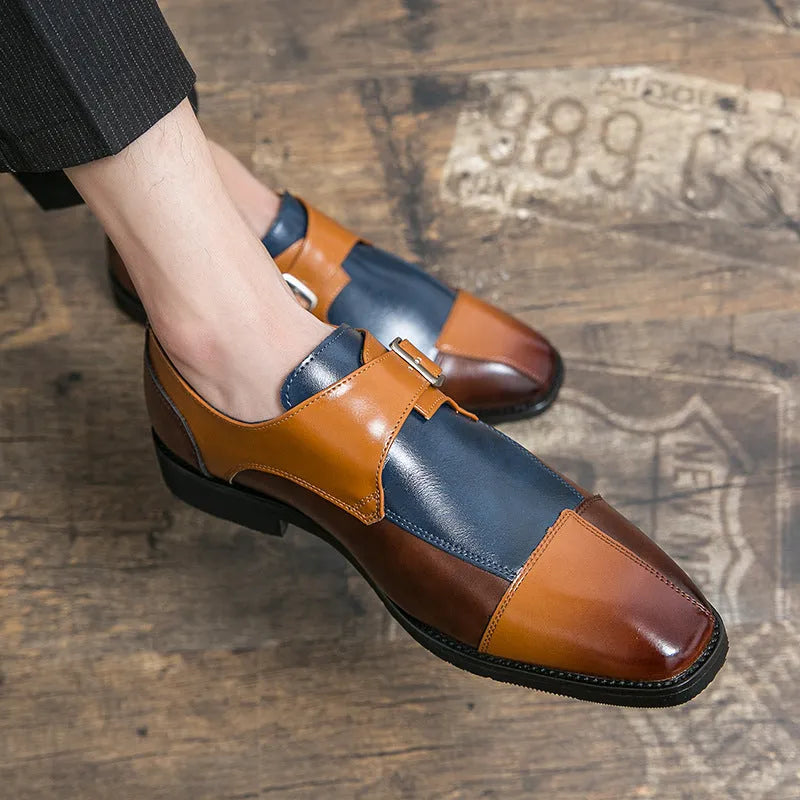 Men's brown-blue and black retro buckle casual leather shoes with tall crown