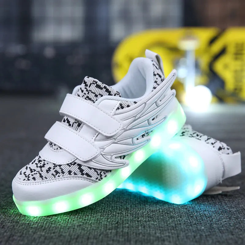 Children's plum red and white LED light-up sneakers with USB charging port and hidden colour selection switch
