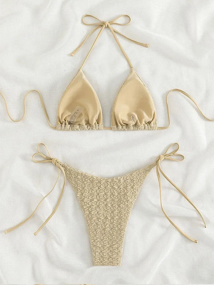 Women's high waist bikini swimsuit with side lace-up shorts, shown in khaki colour.
