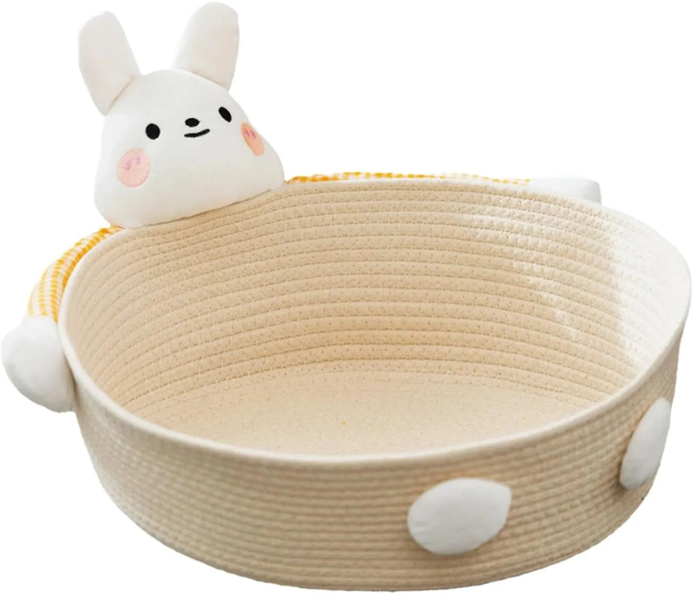 Woven cotton rope cat bed with integrated scratch board in bear design, showing basket shape with pet toy storage