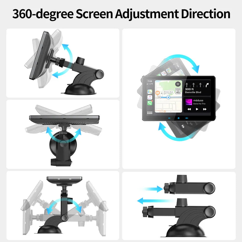 7 inch wireless CarPlay car display with suction cup mount and cigarette lighter power cable