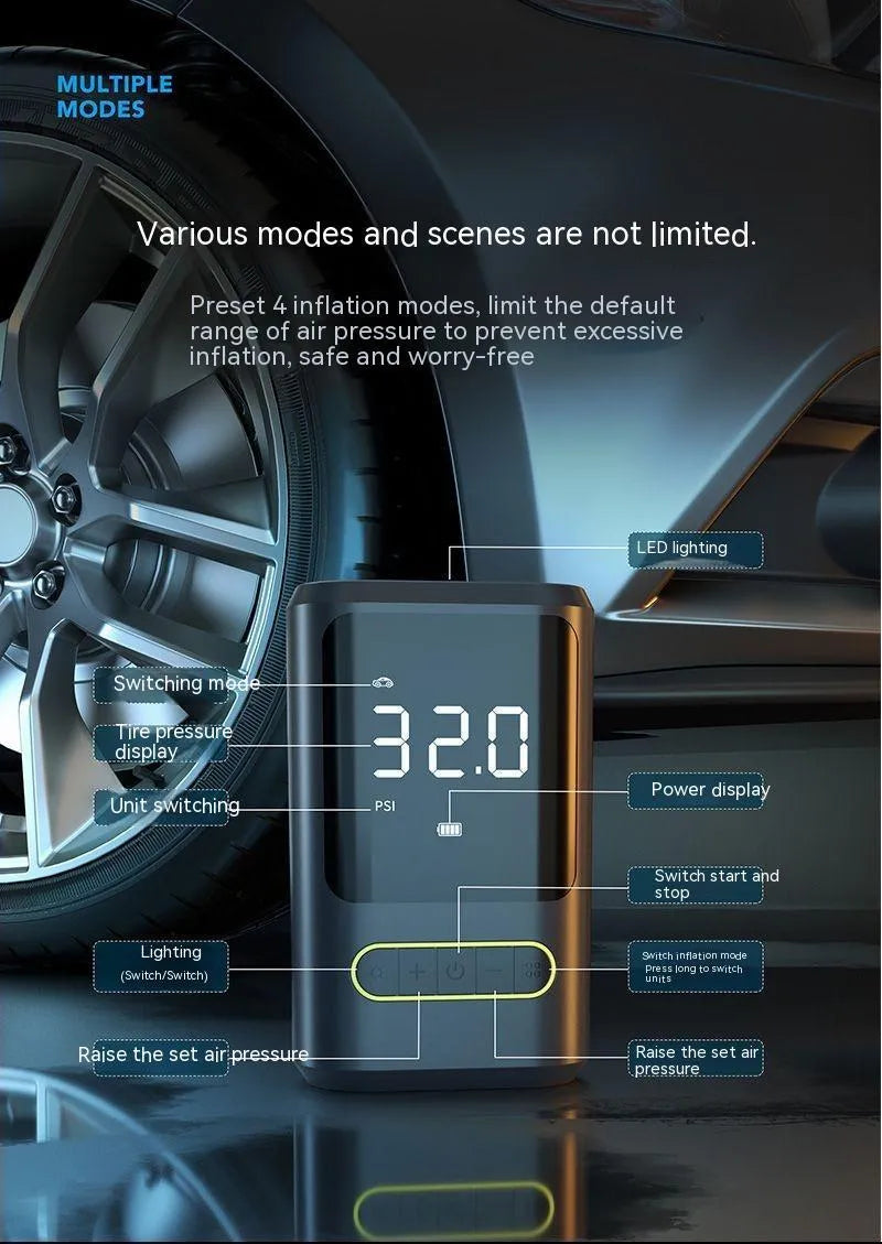 Handheld wireless digital display car air pump with LED light, hose, and multiple nozzles on black background