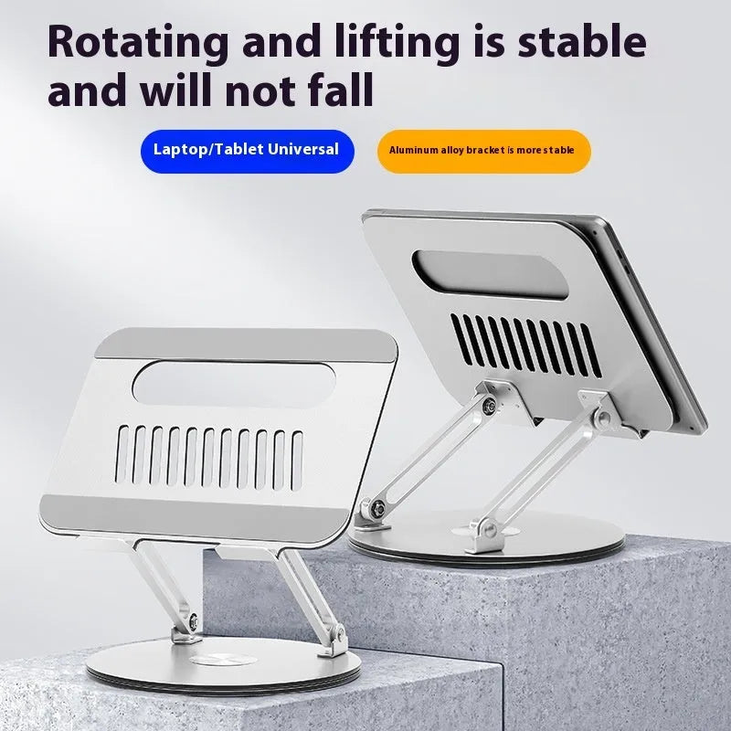 Silver aluminium laptop stand with height adjustment and rotatable platform
