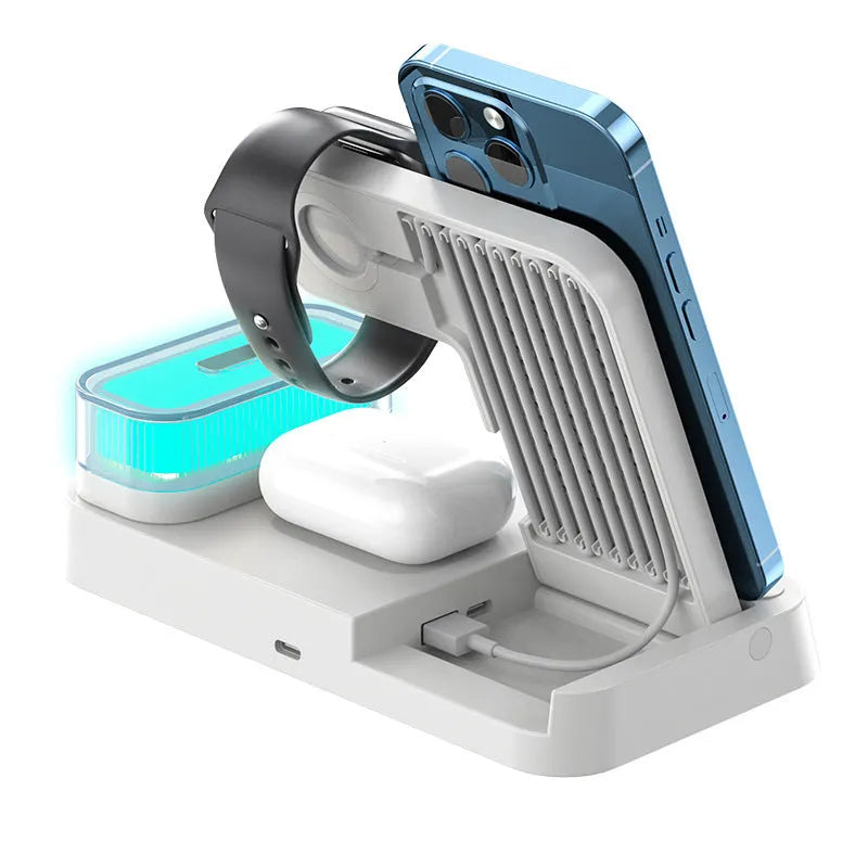 White 4-in-1 wireless charging station with foldable phone stand, alarm clock display, and RGB night light