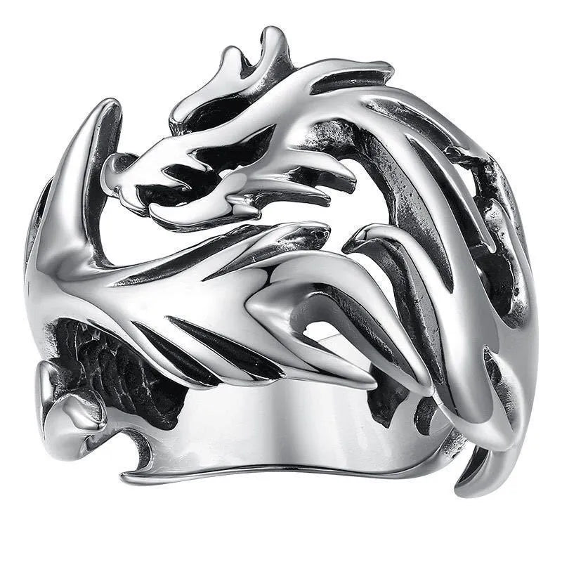 Adjustable Chinese dragon pattern ring with antiqued silver blue and green electroplated finish